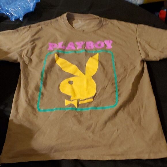 Playboy Bunny T-Shirt Pink Blue Bunny Logo Size Large Brown - Picture 1 of 6